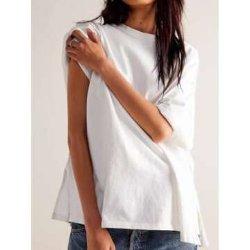 Tankaneo Womens Oversized T-Shirts Summer Casual Short Sleeve Crew Neck T Shirt Loose Fit Side Slit ...