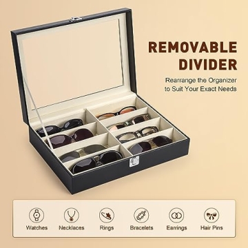 CO-Z Leather Multi Sunglasses Organizer for Women Men, Eyeglasses Eyewear Display Case with 8 Slots, Jewelry Watch Organizer, Sunglasses Jewelry Collection Case, Sunglass Glasses Storage Holder Box