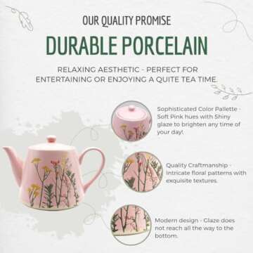 Cookspire Porcelain Tea Set - Modern Pink Tea pot (28.7 fl oz) and 2 Tea Cups with Saucers (9.2 fl oz) with Floral Design, Quality Craftsmanship for Tea Time, Ideal Tea Gift Set