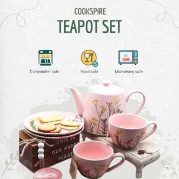 Cookspire Porcelain Tea Set - Modern Pink Tea pot (28.7 fl oz) and 2 Tea Cups with Saucers (9.2 fl oz) with Floral Design, Quality Craftsmanship for Tea Time, Ideal Tea Gift Set