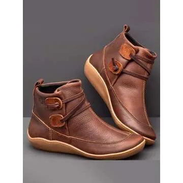 stylewe Boots for Women, Ankle Boots With Braided Strap, Cowgirl Boots, PU Leather Western Style, 7.5, Brown