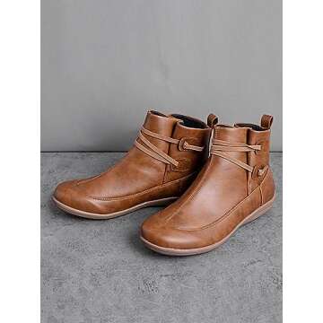 stylewe Boots for Women, Ankle Boots With Braided Strap, Cowgirl Boots, PU Leather Western Style, 7.5, Brown