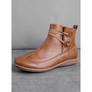 stylewe Boots for Women, Ankle Boots With Braided Strap, Cowgirl Boots, PU Leather Western Style, 7.5, Brown