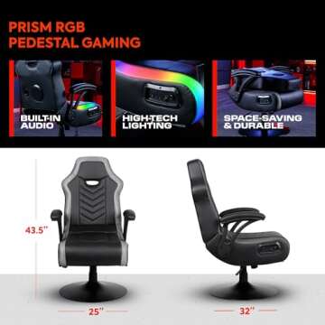 X Rocker Prism RGB LED Lounging Video Gaming Pedestal Chair with Armrests, Wireless Bluetooth Audio, Foldable, Vegan Leather, Amazon Exclusive, Black