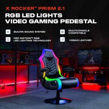 X Rocker Prism RGB LED Lounging Video Gaming Pedestal Chair with Armrests, Wireless Bluetooth Audio, Foldable, Vegan Leather, Amazon Exclusive, Black