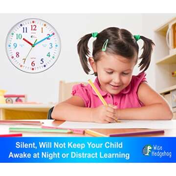 WISE HEDGEHOG Learning Clock for Kids, Silent Non Ticking, Telling Time Teaching Clock, Kids Room Wa...