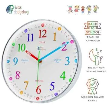 WISE HEDGEHOG Learning Clock for Kids, Silent Non Ticking, Telling Time Teaching Clock, Kids Room Wall Decor for Bedrooms, Analog Kids Clock for Teaching Time, Kids Learn to Tell Time Easily