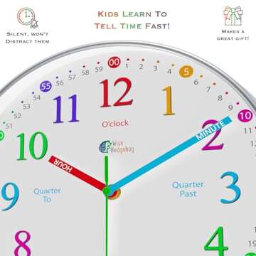 WISE HEDGEHOG Learning Clock for Kids, Silent Non Ticking, Telling Time Teaching Clock, Kids Room Wall Decor for Bedrooms, Analog Kids Clock for Teaching Time, Kids Learn to Tell Time Easily