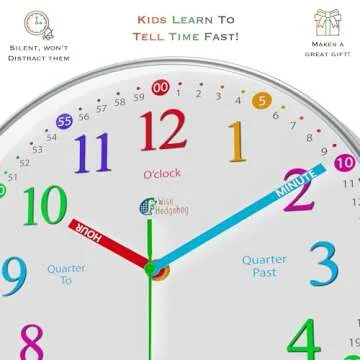 WISE HEDGEHOG Learning Clock for Kids, Silent Non Ticking, Telling Time Teaching Clock, Kids Room Wall Decor for Bedrooms, Analog Kids Clock for Teaching Time, Kids Learn to Tell Time Easily
