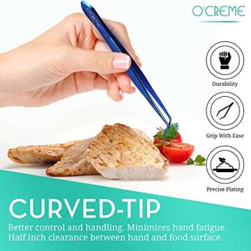 O'Creme Blue Stainless Steel Precision Kitchen Culinary Fine-Tip Tweezer Tongs, 1 Curved and 1 Straight