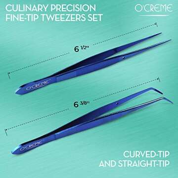 O'Creme Blue Stainless Steel Precision Kitchen Culinary Fine-Tip Tweezer Tongs, 1 Curved and 1 Straight