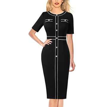 VFSHOW Womens Black Buttons Patchwork Work Bodycon Dress - Elegant Office & Party Attire