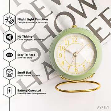AYRELY® Battery Operated Desk Alarm Clock with Light,Silent No Ticking,Small Table Clock for Bedsid...