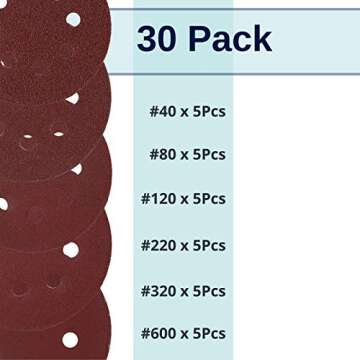 Bates- Sanding Discs 5 Inch 8 Hole, 30 Pack, Assorted Grits 40 80 120 220 320 600, Sanding Discs, Sa...