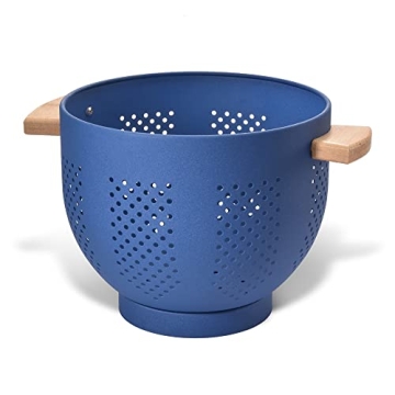 Stylish Deep Blue Metal Colander with Wooden Handles, Large 5.5 Quart Capacity, Perfect Kitchen Stra...