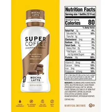 Super Coffee, Iced Keto Coffee (0g Added Sugar, 10g Protein, 80 Calories) [Mocha Latte] 12 Fl Oz, 6 Pack | Iced Coffee, Protein Coffee, Coffee Drinks, Smart Coffee - SoyFree GlutenFree
