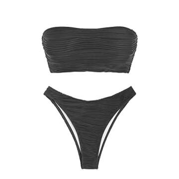 ZAFUL Women Strapless Textured Bandeau Bikini - 2 Piece Cheeky Swimwear in Dark Gray