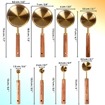 PrettyFine 8 Piece Gold Measuring Cups Set with Wooden Handles