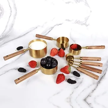 PrettyFine 8 Piece Gold Measuring Cups Set with Wooden Handles