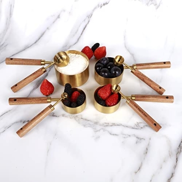 PrettyFine 8 Piece Gold Measuring Cups Set with Wooden Handles
