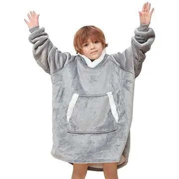 Oversized Blanket Hoodie for Kids Flannel Sherpa Wearable Sweatshirt Blanket Snuggies Warm Plush Hooded Blanket with Huge Pocket and Elastic Sleeve Light Grey