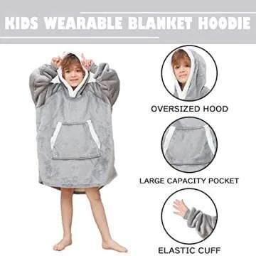 Oversized Blanket Hoodie for Kids Flannel Sherpa Wearable Sweatshirt Blanket Snuggies Warm Plush Hooded Blanket with Huge Pocket and Elastic Sleeve Light Grey