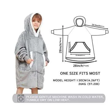 Oversized Blanket Hoodie for Kids Flannel Sherpa Wearable Sweatshirt Blanket Snuggies Warm Plush Hooded Blanket with Huge Pocket and Elastic Sleeve Light Grey