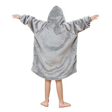 Oversized Blanket Hoodie for Kids Flannel Sherpa Wearable Sweatshirt Blanket Snuggies Warm Plush Hooded Blanket with Huge Pocket and Elastic Sleeve Light Grey