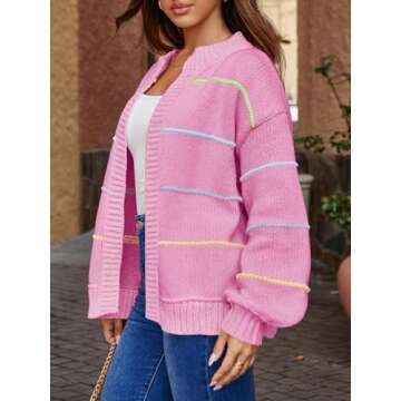 Saodimallsu Womens Color Block Cardigan Sweater Striped Open Front 2024 Fall Chunky Trendy Knit Loose Sweater Coats Pink
