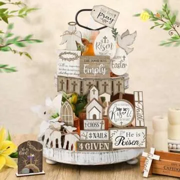 Yuntau 24 Pcs Easter Wooden Tiered Tray Decor