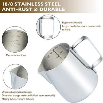 CAMKYDE 12oz Stainless Steel Frothing Pitcher for Baristas
