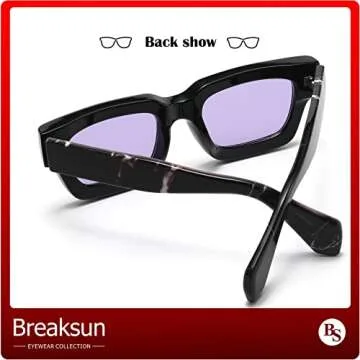 Breaksun Thick Rectangle Sunglasses for Women Men Fashion Chunky Square Sunnies 90s Retro Shades Small Face Sunglasses (Black/Marble pattern leg/Purple lens)