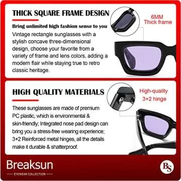 Breaksun Thick Rectangle Sunglasses for Women Men Fashion Chunky Square Sunnies 90s Retro Shades Small Face Sunglasses (Black/Marble pattern leg/Purple lens)