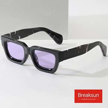 Breaksun Thick Rectangle Sunglasses for Women Men Fashion Chunky Square Sunnies 90s Retro Shades Small Face Sunglasses (Black/Marble pattern leg/Purple lens)
