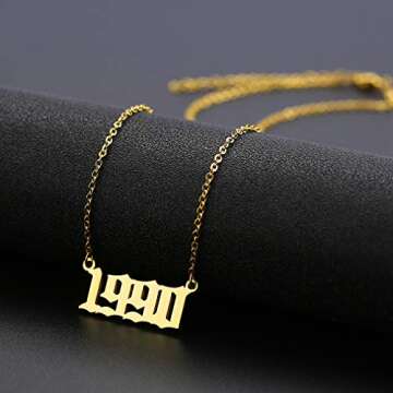 SKQIR Birth Years Necklace,Initial Year Number Pendant Necklace Gold Plated Birthday Gift Charm Friendship Old English Arabic Mumerals Stainless Steel Necklace Jewelry for Women Girl（Gold,1999）