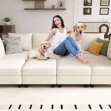 YOUDENOVA 106'' Modular Sectional Sofa, 7 Seats Couch Set with Storage, U Shaped Sofa Couch with USB Charging Port, Modern Comfy Chenille Couch for Living Room, Beige