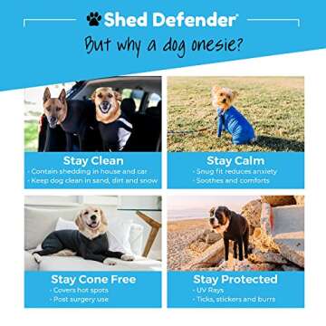 Shed Defender Original Dog Onesie - Seen on Shark Tank, Contains Shedding, Designed in USA, Recovery Suit for Dogs, Post-Surgery Shirt, Anxiety Vest Calming Shirt, Hot Spot Allergy, Vet Approved