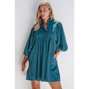 Womens Casual Dresses Corduroy Button Up Empire Waist Long Sleeve Fall Winter Mini Dress Blue 1115 S