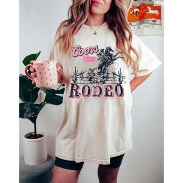 Women's Western Cowboy Shirts Vintage Rodeo Graphic Oversized Tops Country Music Tees Short Sleeve Cowgirl T-Shirt(Beige,L)
