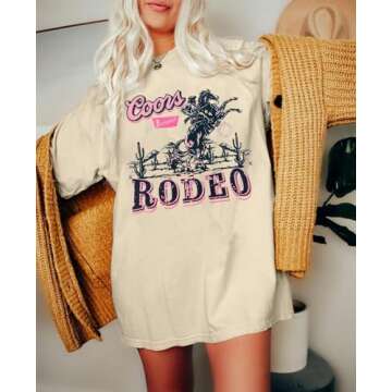 Women's Western Cowboy Shirts Vintage Rodeo Graphic Oversized Tops Country Music Tees Short Sleeve Cowgirl T-Shirt(Beige,L)