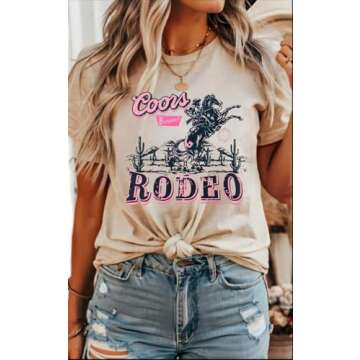 Women's Western Cowboy Shirts Vintage Rodeo Graphic Oversized Tops Country Music Tees Short Sleeve Cowgirl T-Shirt(Beige,L)
