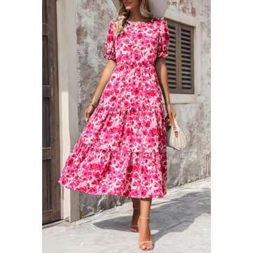 PRETTYGARDEN Women's Summer Casual Boho Dress Floral Print Ruffle Puff Short Sleeve Flowy Midi Beach Party Dresses (Floral Rose Red,Medium)