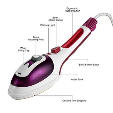 [Upgraded Version]Professional Handheld Garment Steamers, Steam Iron, Portable Iron, Iron with steamer, Fast Heat-up Powerful Iron Steamer with Ceramic Soleplate for Home and Travel, Purple
