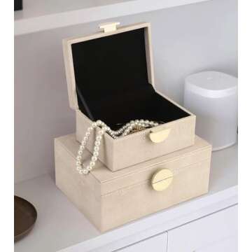 HofferRuffer Faux Leather Jewelry Boxes, Decorative Boxes Storage Accessory Organizer with Gold Hardware Decor, Classic Vegan Leather Set of 2 Pieces (Light Grey)