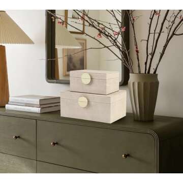 HofferRuffer Faux Leather Jewelry Boxes, Decorative Boxes Storage Accessory Organizer with Gold Hardware Decor, Classic Vegan Leather Set of 2 Pieces (Light Grey)