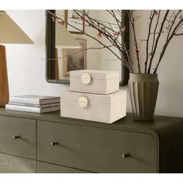 HofferRuffer Faux Leather Jewelry Boxes, Decorative Boxes Storage Accessory Organizer with Gold Hardware Decor, Classic Vegan Leather Set of 2 Pieces (Light Grey)