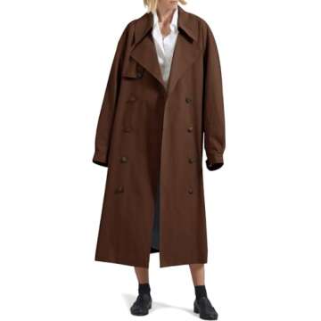 Tankaneo Womens Double Breasted Long Trench Coat Oversized Classic Lapel Belted Overcoat