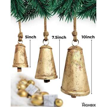 HIGHBIX Set of 3 Giant Harmony Cow Bells Huge Vintage Handmade Rustic Lucky Christmas Hanging Cone B...