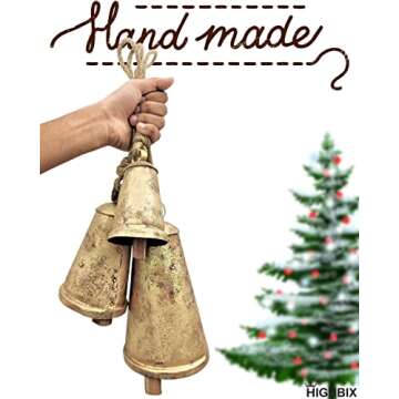 HIGHBIX Set of 3 Giant Harmony Cow Bells Huge Vintage Handmade Rustic Lucky Christmas Hanging Cone Bells (X-Large)