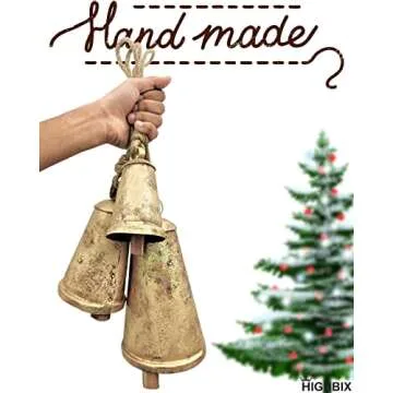 HIGHBIX Set of 3 Giant Harmony Cow Bells Huge Vintage Handmade Rustic Lucky Christmas Hanging Cone Bells (X-Large)
